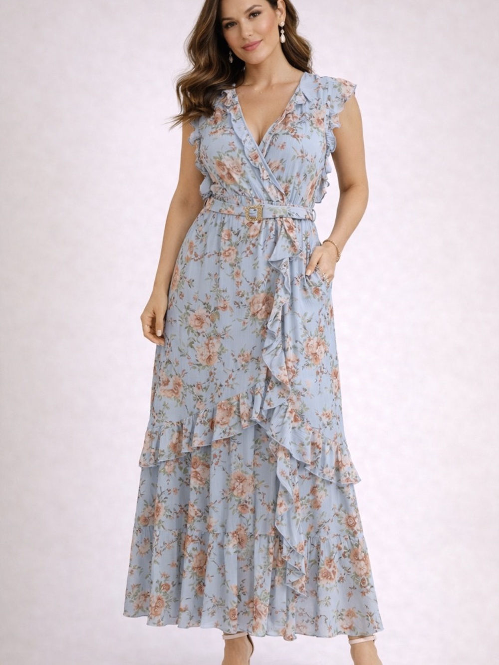 Sky Blue Floral Wrap Maxi Dress with Ruffle Trim XL